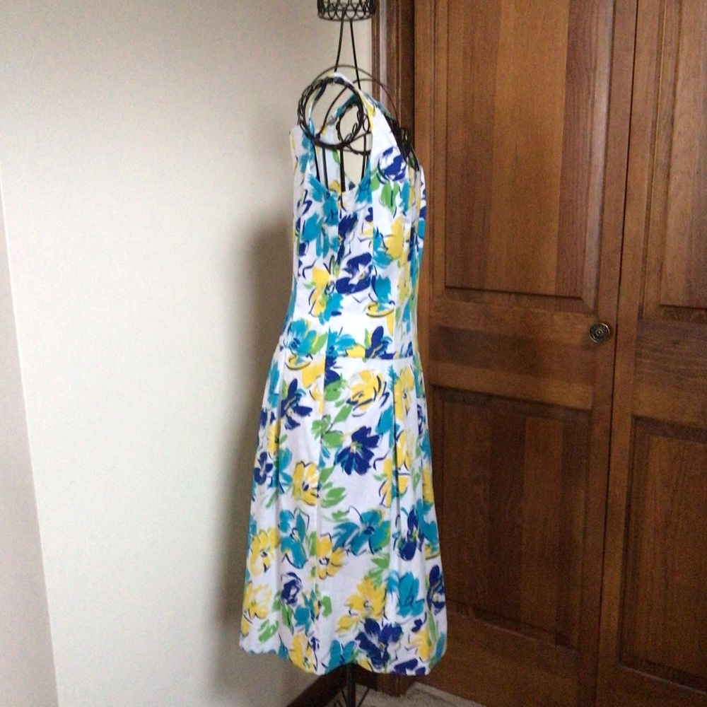 Chaps by Ralph Lauren Womens Designer Floral Watercolor Dress Blue Yellow White, - Picture 9 of 9